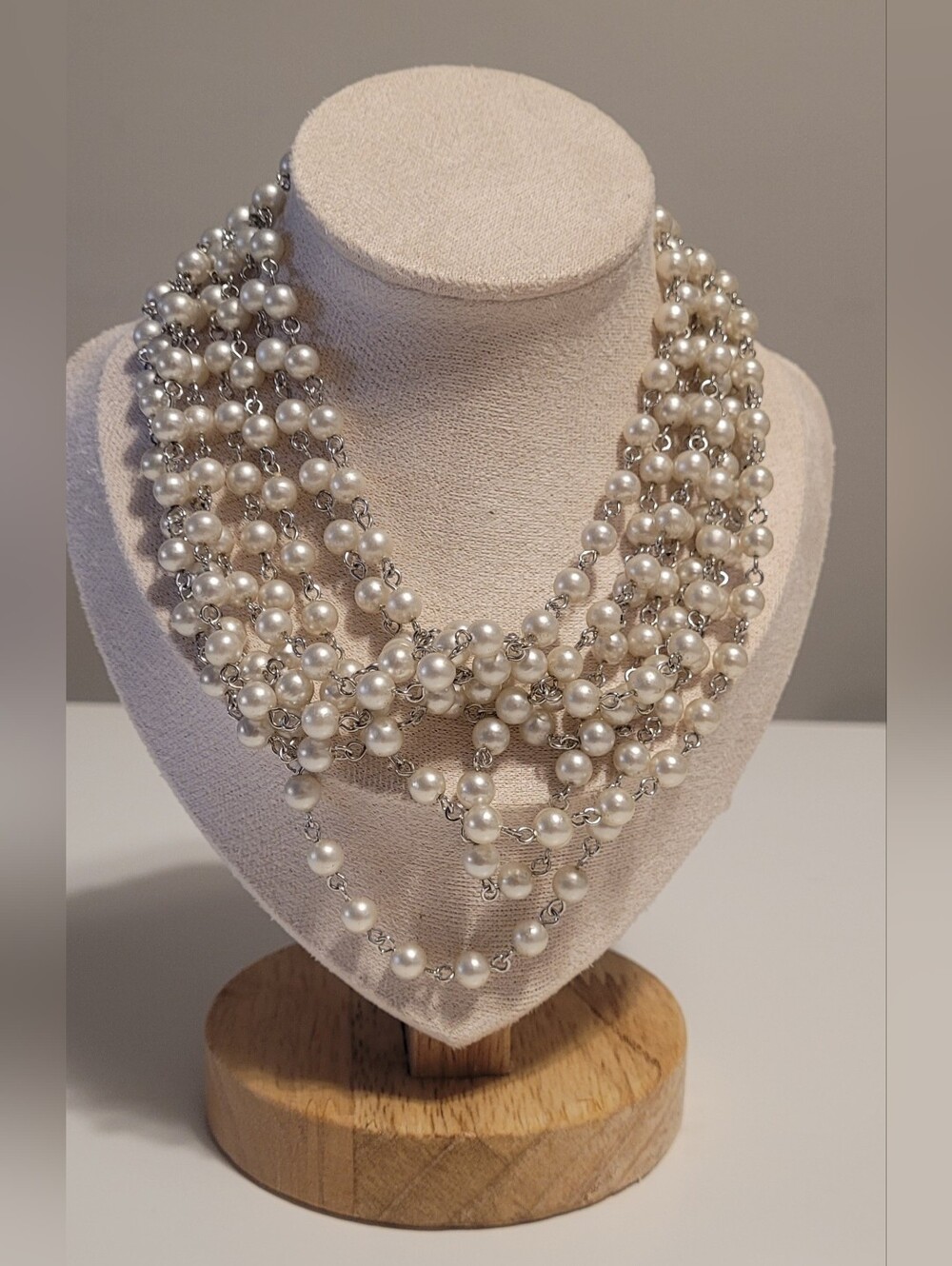 Vintage Long Faux Pearl Necklace | Multi Strand Layered Pearl Statement Necklace